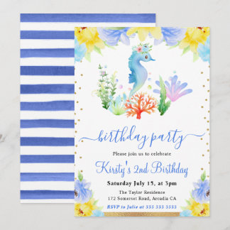 Aquarellfarbenes Blumenwasser Seepferd Geburtstag Einladung