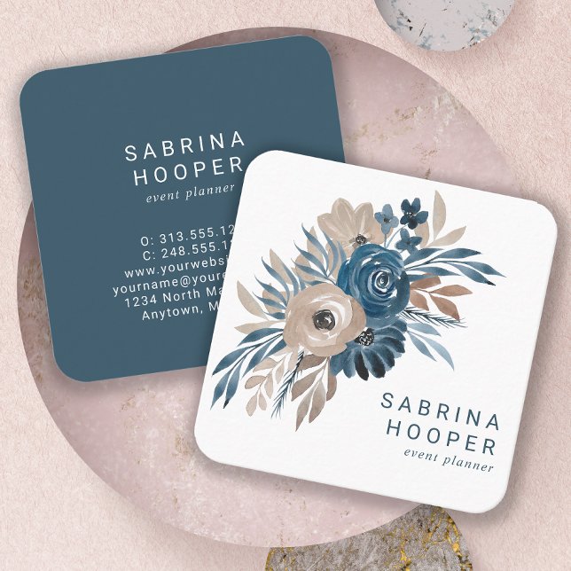 Aquarellfarbenes florales Indigo Beige abgerundete Quadratische Visitenkarte (Von Creator hochgeladen)