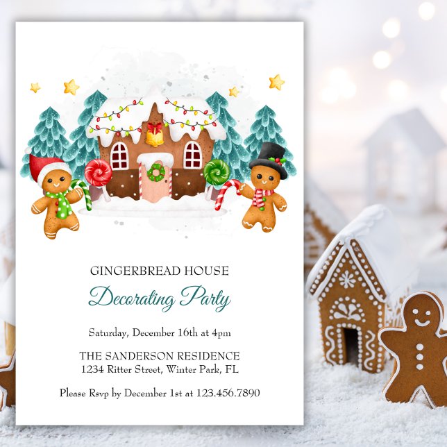 Aquarellfarbenes Lebkuchen Dekorieren Weihnachtsge Einladung (Watercolor Gingerbread Decorating Christmas Party Invitation)