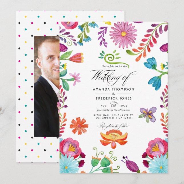 Aquarellfarbenes mexikanisches Fiesta Wedding Foto Einladung (Vorne/Hinten)