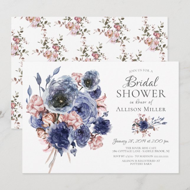Aquarellfarbenes Navy Blush Brautparty Einladung (Vorne/Hinten)