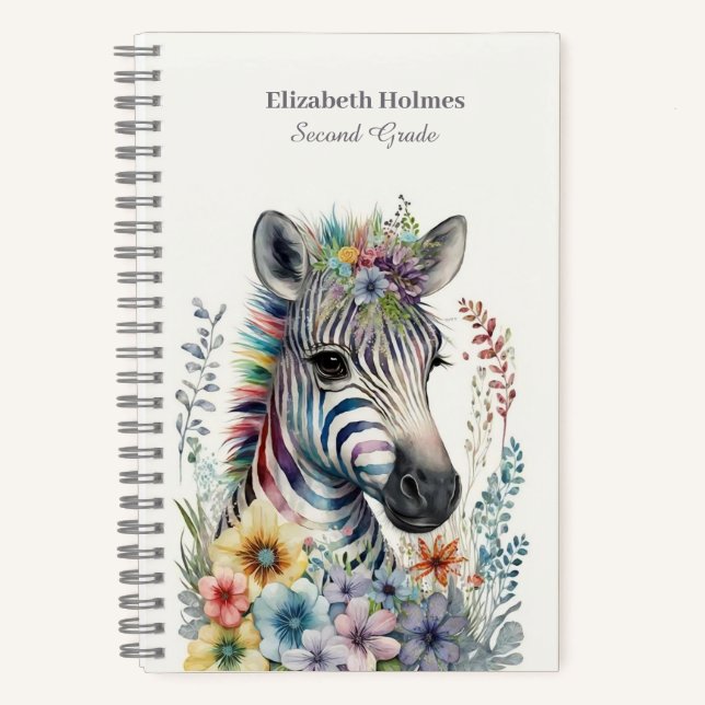 Aquarellfarbenes Niedliches Zebra mit Blume Notizbuch (Vorderseite)