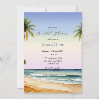 Aquarellfarbenes Palm Trees Beach Island Brautpart Einladung