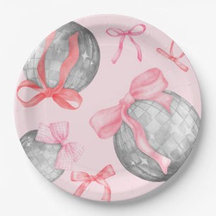 Aquarellfarbenes rosa Bow Ribbon Silver Disc Ball Pappteller