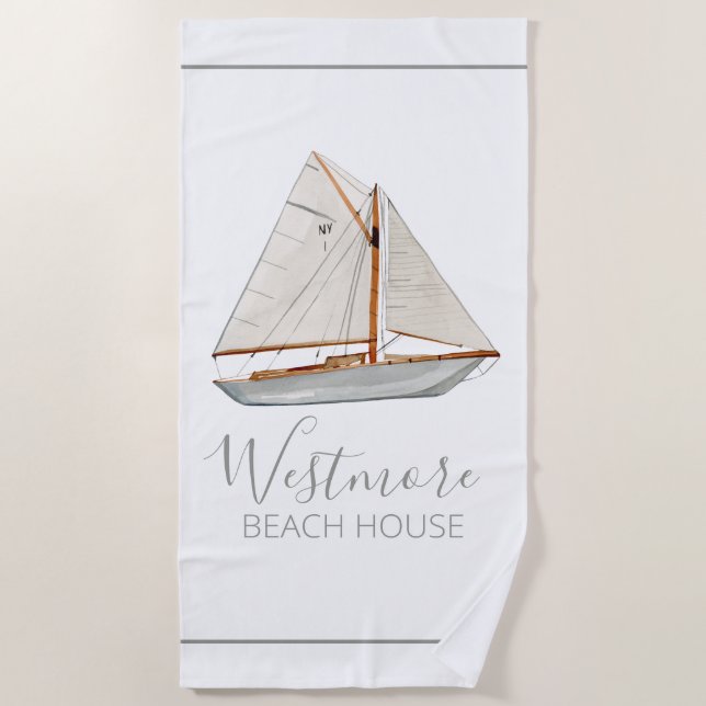 Aquarellfarbenes Sailboat Beach House Strandtuch (Vorderseite)