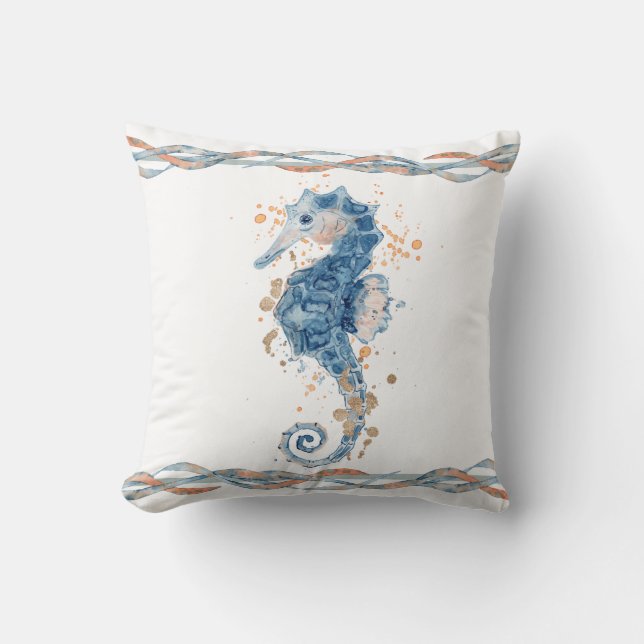 Aquarellfarbenes Seepferd Meeresfrüchte Graublau P Kissen (Vorderseite)
