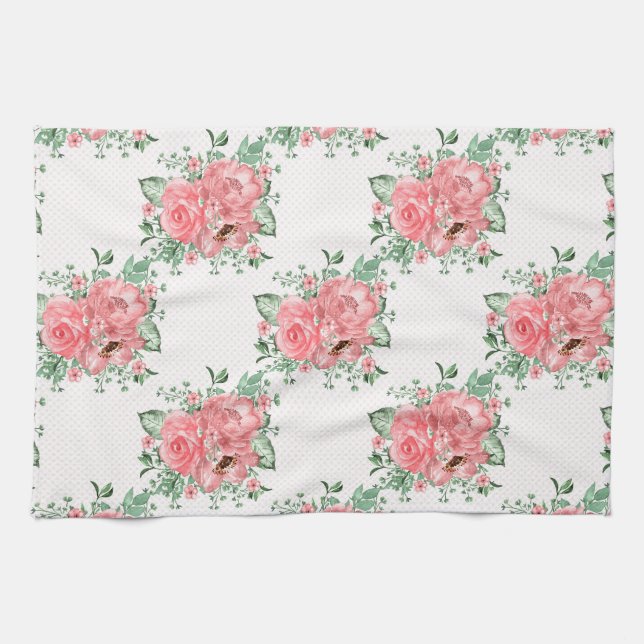 Aquarellfarbenes Shabby Chic Rosen und Polka-Punkt Geschirrtuch (Horizontal)
