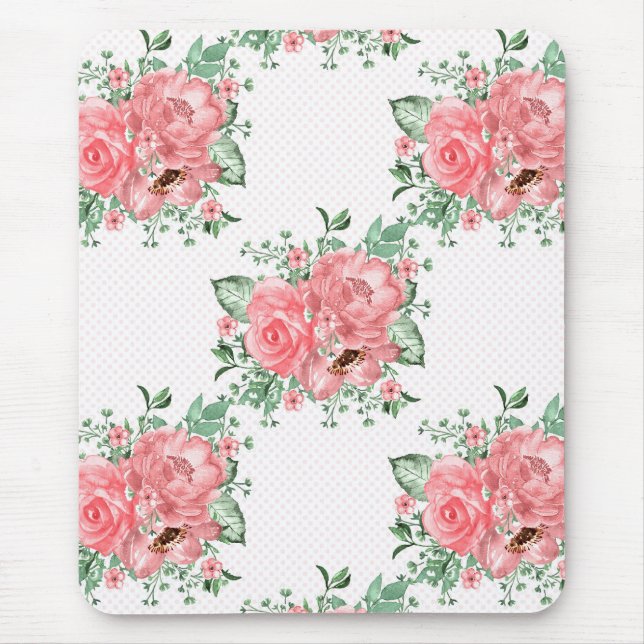 Aquarellfarbenes Shabby Chic Rosen und Polka-Punkt Mousepad (Vorne)