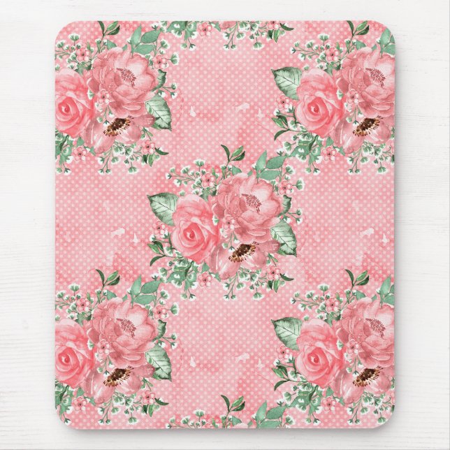 Aquarellfarbenes Shabby Chic Rosen und Polka-Punkt Mousepad (Vorne)