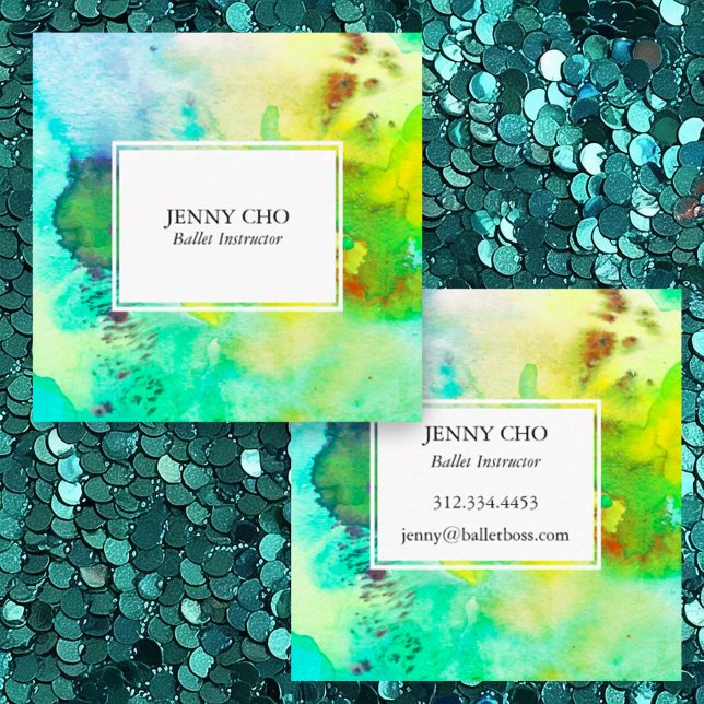 Aquarellfarbenes, texturiertes Gemälde grün Quadratische Visitenkarte (Custom square watercolor business cards in shades of green abstract )