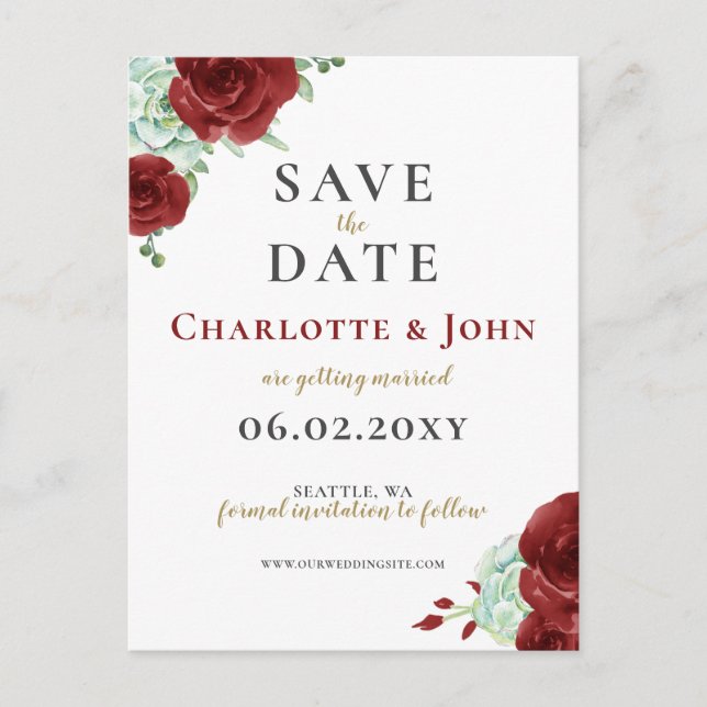 Aquarellfarbenes, weinrotes Gold Save the Date Ankündigungspostkarte (Vorderseite)