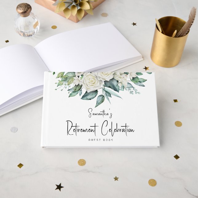 Aquarellfarbenes White Florals Foliage Retirement  Gästebuch (Vorderseite Offen)