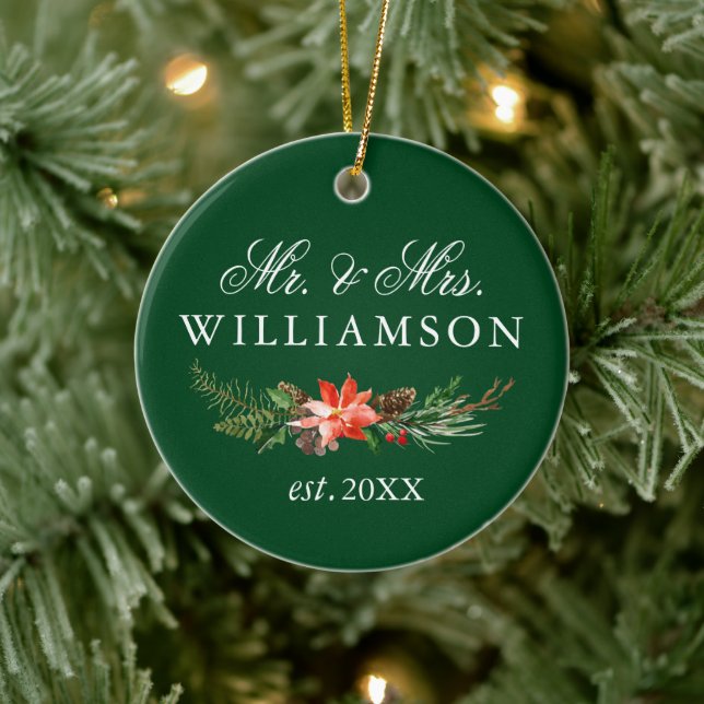 Aquarellfarbenes Winter-FOTO BACK Green Keramik Ornament (Baum)