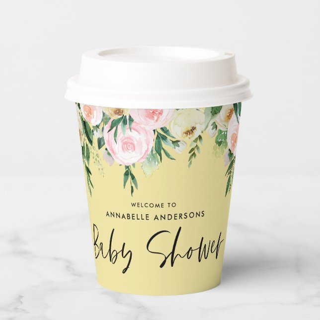 Aquarellfarbenlemon-Rosa-Blumenschrift Pappbecher (Vorderseite)