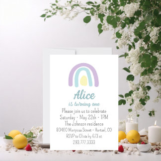 Aquarellfarbenregenbogen blau lila gelb 1. Geburts Einladung