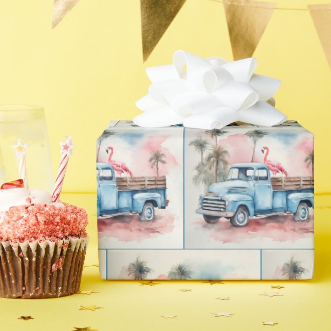 Aquarellfärbung Flamingo in blauem Retro-LKW Geschenkpapier (Geburtstagsparty)