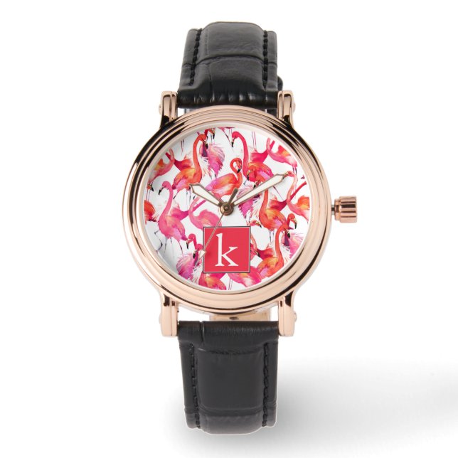 Aquarellfärbung Flamingo in Wasserfarben | Name hi Armbanduhr (Vorderseite)