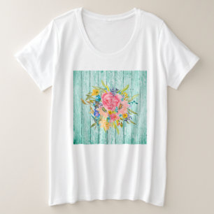 Aquarellfärbung Rose Blumenspray auf Chippy Aqua Große Größe T-Shirt