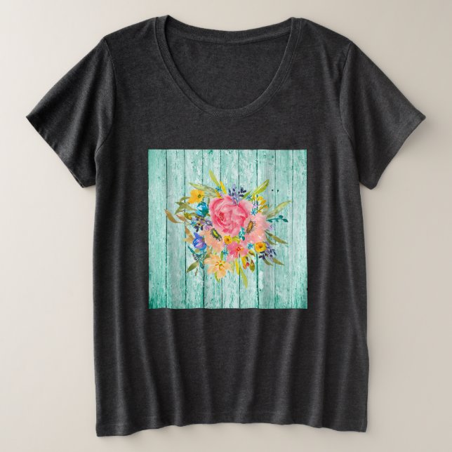Aquarellfärbung Rose Blumenspray auf Chippy Aqua Große Größe T-Shirt (Design vorne)