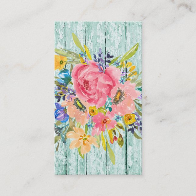 Aquarellfärbung Rose Blumenspray auf Chippy Aqua Visitenkarte (Vorderseite)