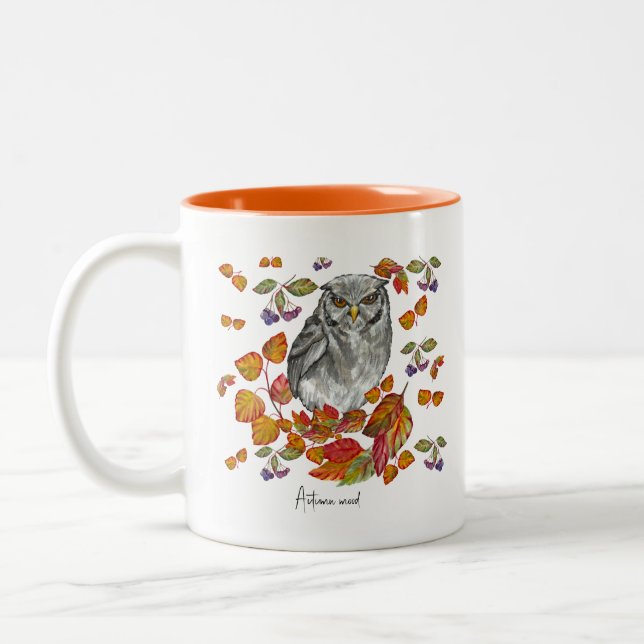 Aquarellfärbung schöne Eule und Blätter Kaffee mu Zweifarbige Tasse (Links)