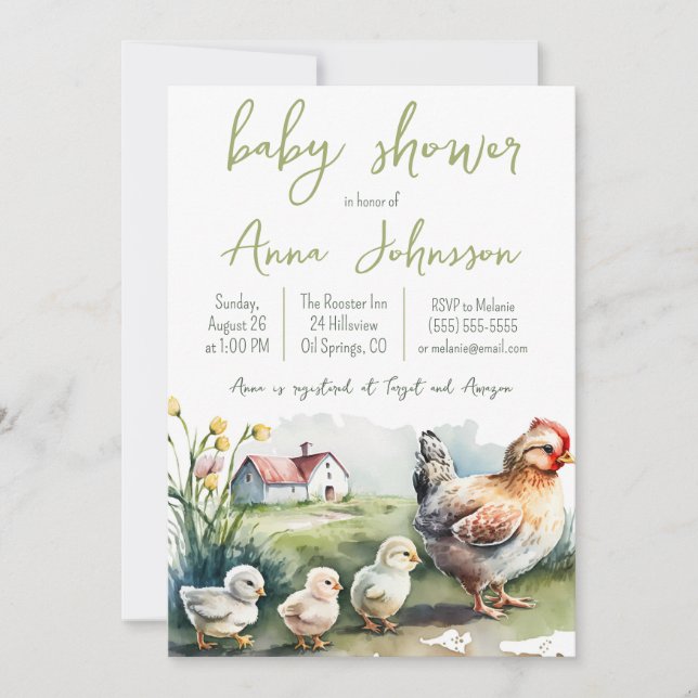 Aquarellfarm mit Chicks Baby Dusche Einladung (Vorderseite)