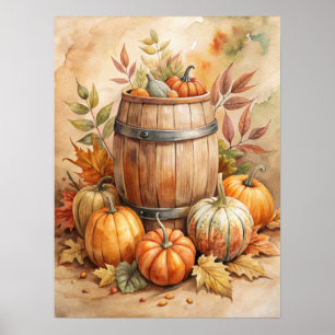 Aquarellfass mit Kürbissen Herbst Poster