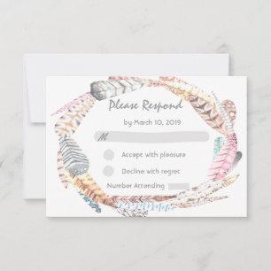 AquarellFedern Rustikale Bohemische Hochzeit RSVP Karte