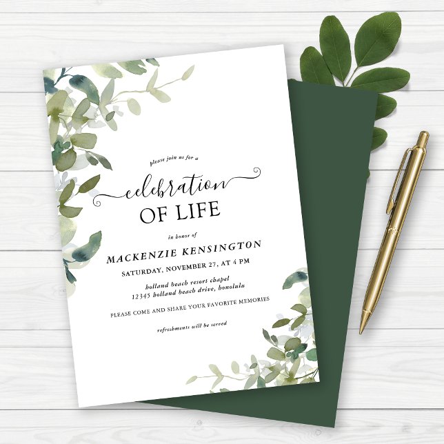 Aquarellfeier zum Gedenken an das Leben Einladung (Watercolor Greenery Celebration of Life Memorial Invitation)
