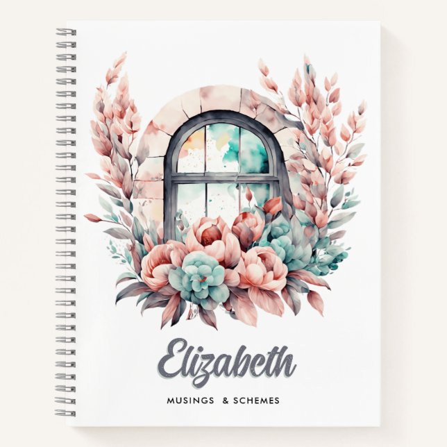 Aquarellfenster mit rosa Blume und Sukkulturen Notizbuch (Vorderseite)