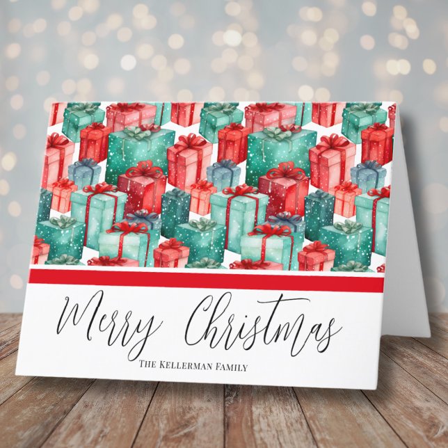 Aquarellfestival Rotes Grün Weihnachten (Watercolor Festive Red Green Presents Christmas Holiday Card )