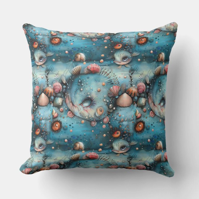 Aquarellfische, surreale Monsterfische, Märchenfis Kissen (Vorderseite)