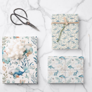 Aquarellfische und Algenmuster auf Off-White Geschenkpapier Set