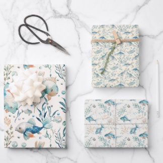 Aquarellfische und Algenmuster auf Off-White Geschenkpapier Set