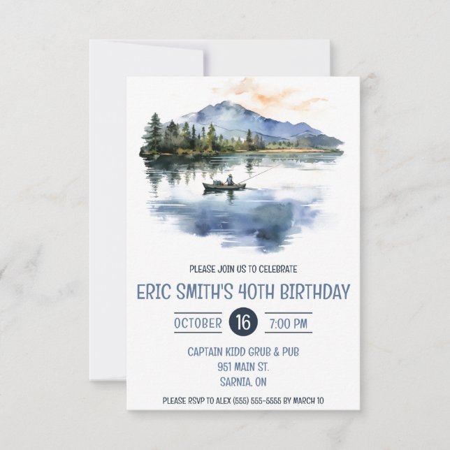 Aquarellfischerei, Berge, Lake Birthday Party Einladung (Vorderseite)