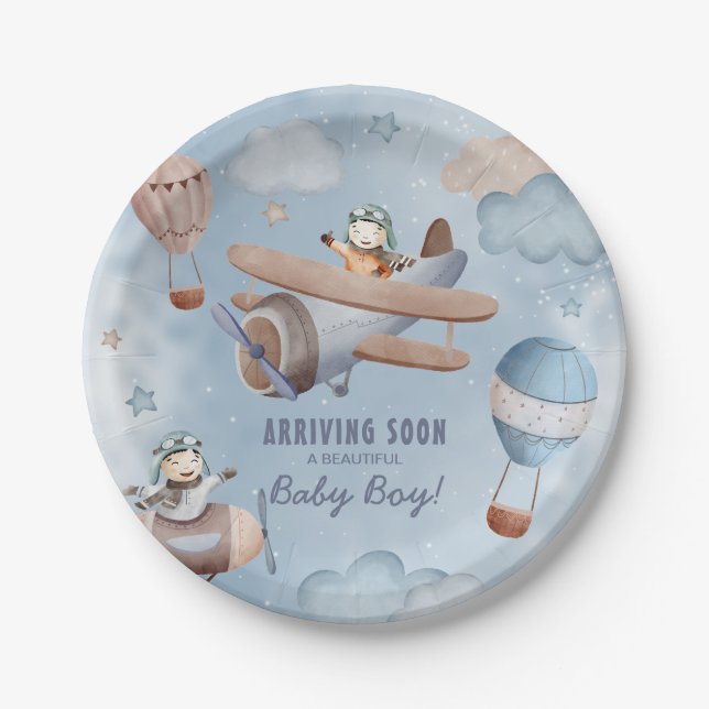 Aquarellflugzeug Aviation Boy Babydusche Pappteller (Vorderseite)