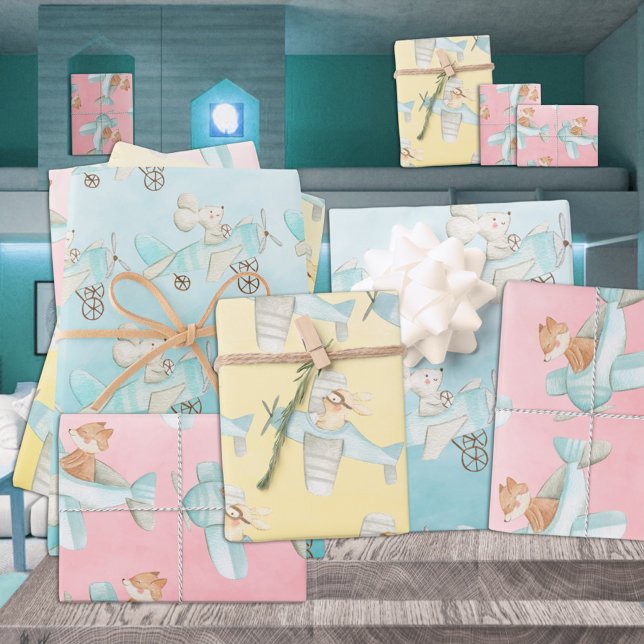 Aquarellfox Bunny & Mouse Flying Airplanes Geschenkpapier Set (Von Creator hochgeladen)