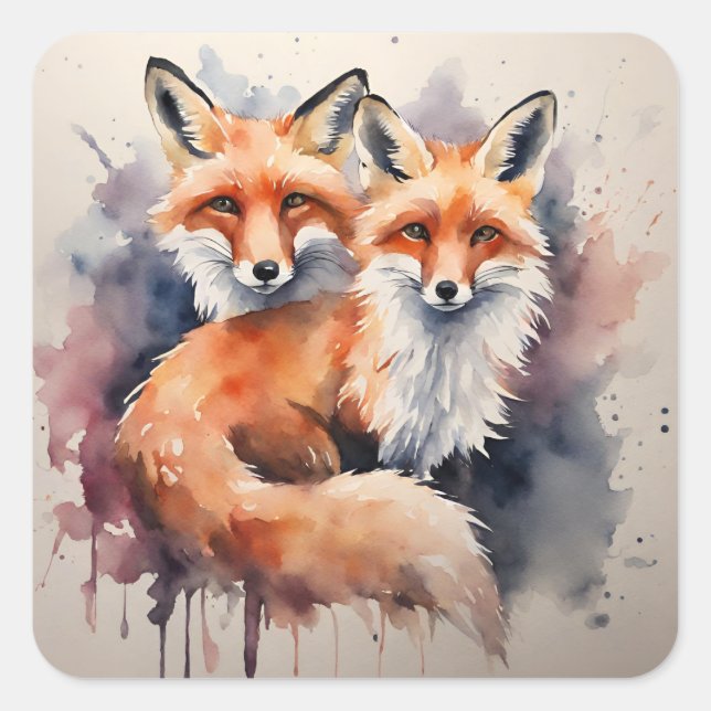 Aquarellfox Duo Quadratischer Aufkleber (Vorderseite)
