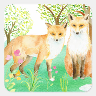 Aquarellfox-Paar-Kunstdruck Quadratischer Aufkleber