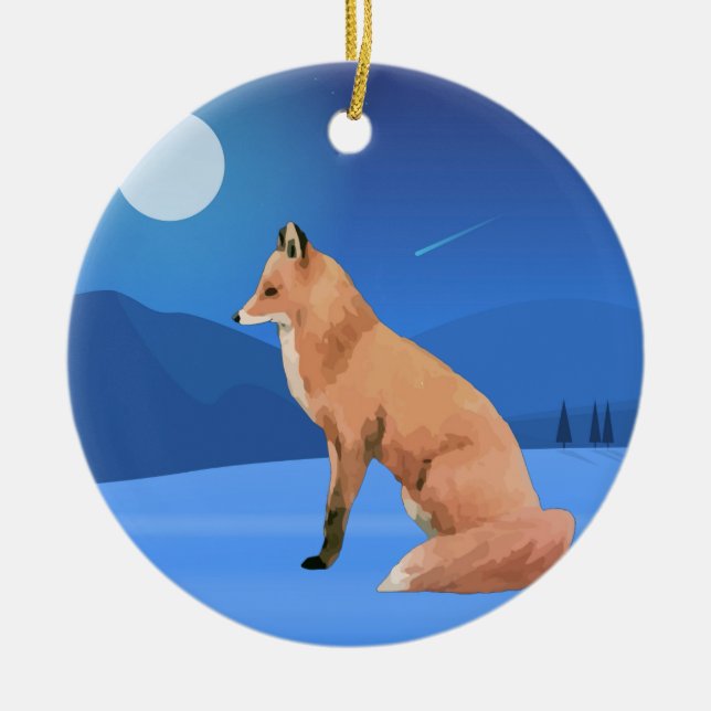 Aquarellfox und Moon Blue Night Weihnachtsbaum Keramik Ornament (Vorne)