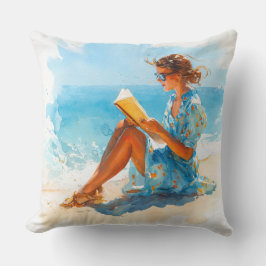 AQUARELLFRAU, DIE AM STRAND LIEST KISSEN