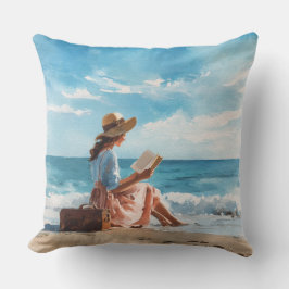 AQUARELLFRAU, DIE AM STRAND LIEST KISSEN