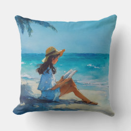 AQUARELLFRAU, DIE AM STRAND LIEST KISSEN