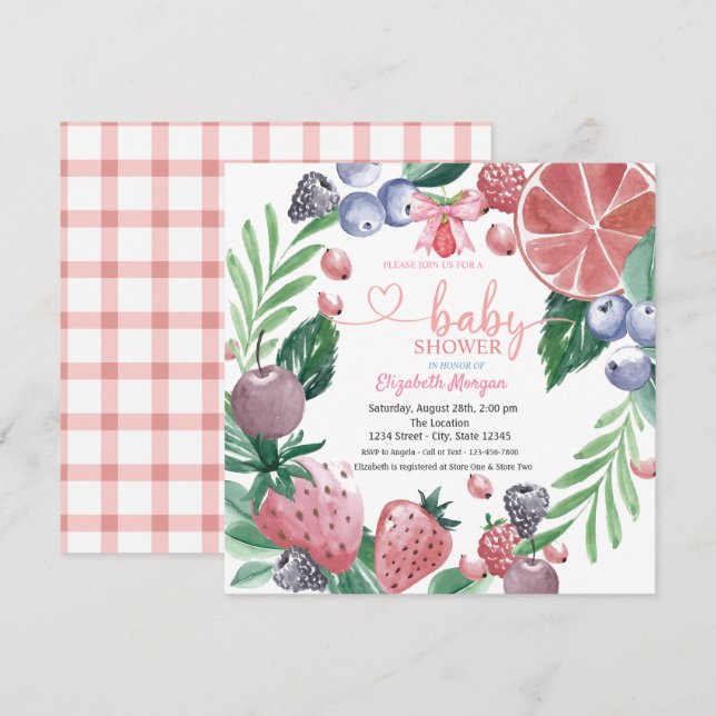 Aquarellfrüchte Kariert Red Berry Sweet Einladung (Vorne/Hinten)