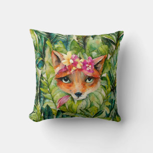 Aquarellfuchs-Blume und Grüne Blätter Kissen
