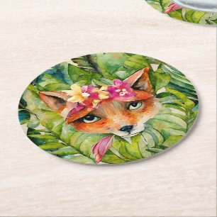 Aquarellfuchs-Blume und Grüne Blätter Runder Pappuntersetzer