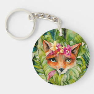 Aquarellfuchs-Blume und Grüne Blätter Schlüsselanhänger