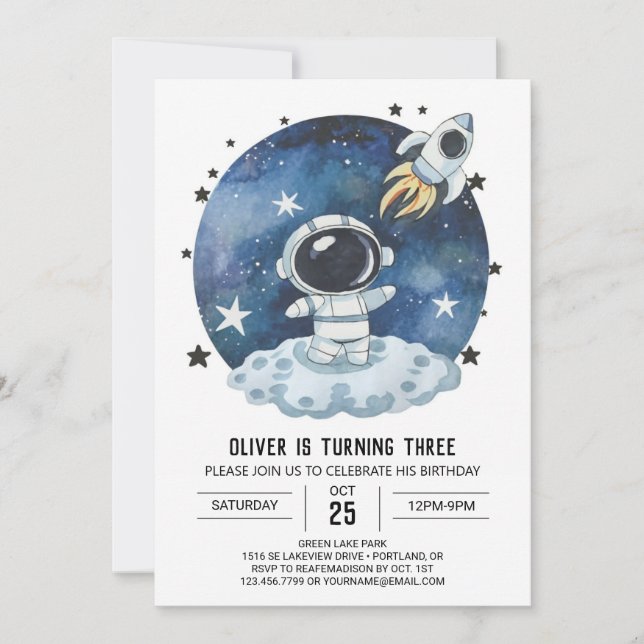 Aquarellgalaxie Bohemischer Astronautenjunge Gebur Einladung (Vorderseite)