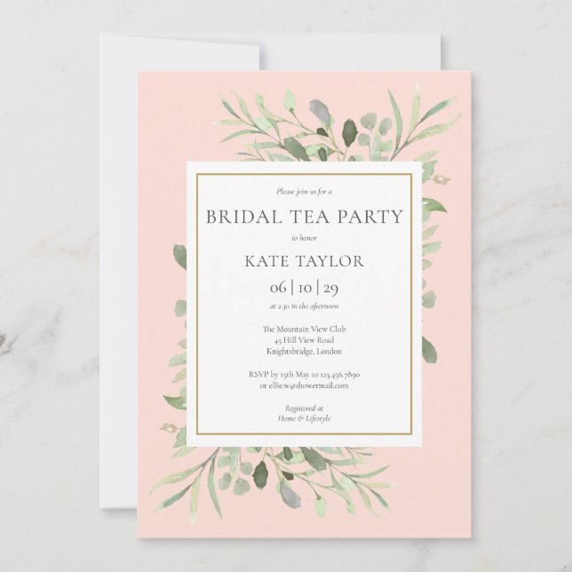 Aquarellgarten Blush Pink Bridal Tea Party Einladung (Vorderseite)