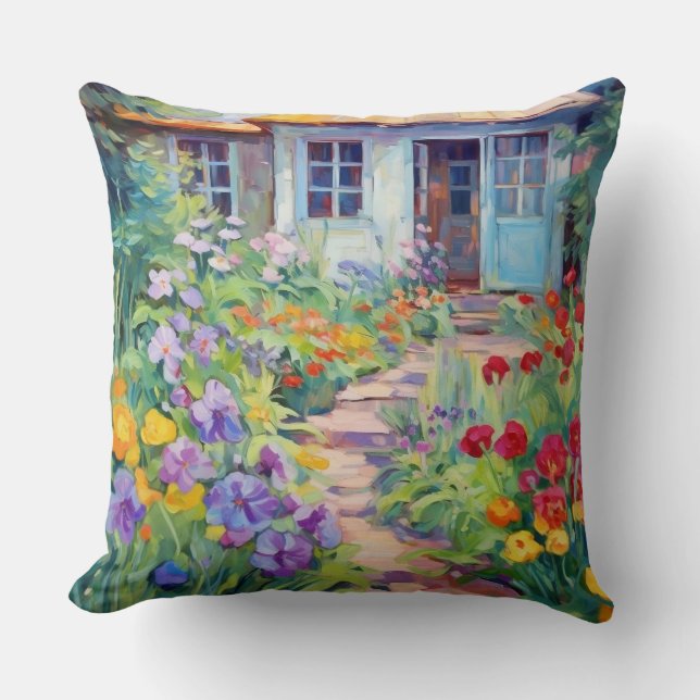 Aquarellgarten Hütte mit Blume gefüllt Kissen (Vorderseite)